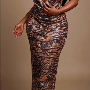 Sequin Animal Print Bodycon Maxi Dress - Bronze & Black